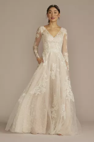 Long Sleeve Pleated Lace Applique Wedding Dress 3 Long Sleeve Pleated Lace Applique Wedding Dress