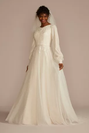 Long Sleeve Pearl Tulle Modest Wedding Dress 3 Long Sleeve Pearl Tulle Modest Wedding Dress