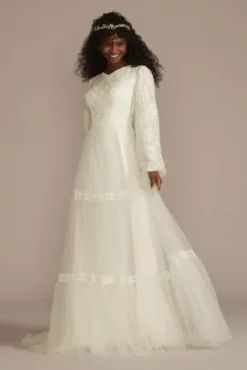 High Neck Beaded Lace A-Line Modest Wedding Dress