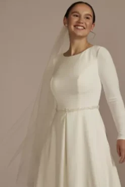 Belted Long Sleeve Crepe Modest Wedding Dress -Blissful Brides Shop MSLWG4098 SOFTWHITE DBSTU PROD1 102