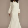 Crepe Billow Sleeve Modest Mermaid Wedding Dress -Blissful Brides Shop MSLWG4099 SOFTWHITE DBSTU PROD2 012