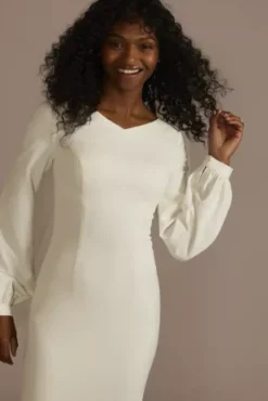 Crepe Billow Sleeve Modest Mermaid Wedding Dress 8 Crepe Billow Sleeve Modest Mermaid Wedding Dress -Blissful Brides Shop MSLWG4099 SOFTWHITE DBSTU PROD2 076