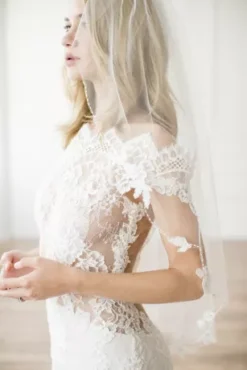 Floral Lace And Crystal Trimmed Elbow Length Veil -Blissful Brides Shop SABRINA Ivory