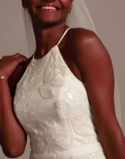 Sequin Leaf-Appliqued High Neck Petite Gown -Blissful Brides Shop SDWG0686