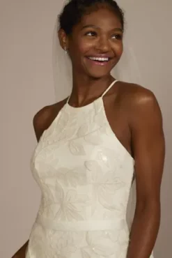 Sequin Leaf-Appliqued High Neck Petite Gown -Blissful Brides Shop SDWG0686 IVORY DBSTU PROD11 V2 046