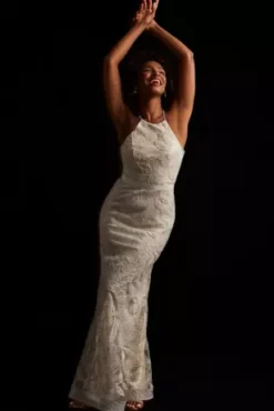 Sequin Leaf-Appliqued High Neck Petite Gown -Blissful Brides Shop SDWG0686 PDP Crop NOV4 1920x2880