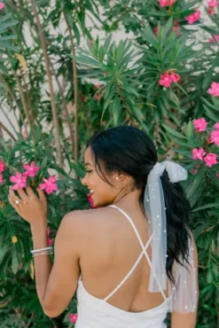 Ruched Skinny Strap Dress With Lace Slit 15 Ruched Skinny Strap Dress With Lace Slit -Blissful Brides Shop SDWG0815 2 PDP Crop JUN23 1920x2880