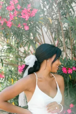 Ruched Skinny Strap Dress With Lace Slit 16 Ruched Skinny Strap Dress With Lace Slit -Blissful Brides Shop SDWG0815 3 PDP Crop JUN23 1920x2880