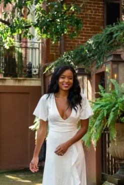 Flutter Sleeve Stretch Satin Dress With Ruffle Hem -Blissful Brides Shop SDWG0825 2 PDP Crop JUN23 1920x2880