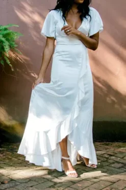 Flutter Sleeve Stretch Satin Dress With Ruffle Hem -Blissful Brides Shop SDWG0825 4 PDP Crop JUN23 1920x2880