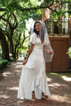 Flutter Sleeve Stretch Satin Dress With Ruffle Hem -Blissful Brides Shop SDWG0825 5 PDP Crop JUN23 1920x2880