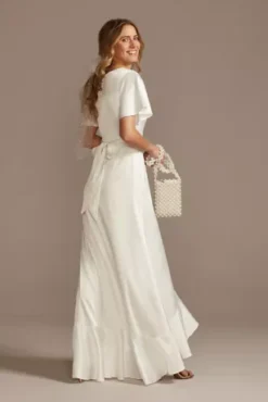 Flutter Sleeve Stretch Satin Dress With Ruffle Hem -Blissful Brides Shop SDWG0825 SOFTWHITE DBSTU PROD3 114