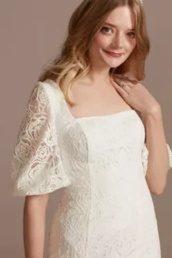 Lace Square Neck Mini Dress With Bubble Sleeves -Blissful Brides Shop SDWG0913 SOFTWHITE DBSTU PROD1 72