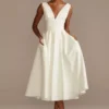 Satin V-Neck Tea Length A-Line Dress -Blissful Brides Shop SDWG0970 Ivory DBSTU PROD3 061