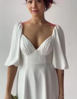 Bubble Sleeve Georgette V-Neck Wedding Dress -Blissful Brides Shop SDWG0971 PDP