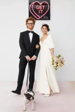 Bubble Sleeve Georgette V-Neck Wedding Dress -Blissful Brides Shop SDWG0971 SOFTWHITE DBSTU FALL 22 048