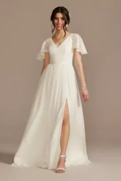 Lace Chiffon Flutter Sleeve A-Line Wedding Dress