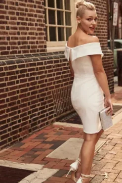 Short Off Shoulder Cuff Neckline Crepe Dress -Blissful Brides Shop SDWG0978 2 PDP Crop JAN21 1920x2880