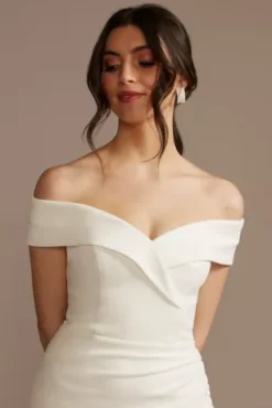Short Off Shoulder Cuff Neckline Crepe Dress -Blissful Brides Shop SDWG0978 SOFTWHITE DBSTU PROD4 61