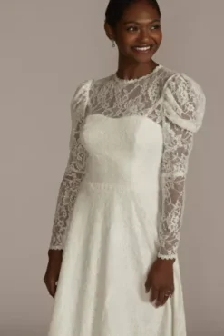 Allover Lace Puff Long Sleeve Mini Dress -Blissful Brides Shop SDWG1045 SOFTWHITE DBSTU PROD1 084