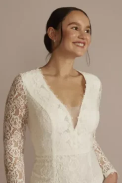 Long Sleeve Illusion V-Neck Short Dress -Blissful Brides Shop SDWG1058 SOFTWHITE DBSTU PROD1 V2 037