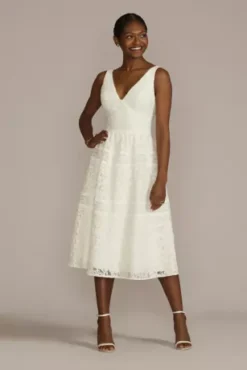Midi-Length Lace V-Neck Dress With Banded Trim