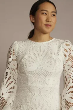Allover Lace Flounce Hem Long Sleeve Dress -Blissful Brides Shop SDWG1085 SOFTWHITE DBSTU PROD4 066