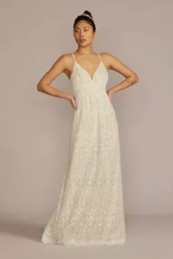 Allover Lace V-Neck Wedding Dress With Open Back