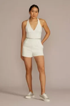 Beaded Crystal Strap V-Neck Romper