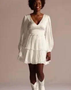 Ruffled Charmeuse V-Neck Long Sleeve Mini Dress -Blissful Brides Shop SDWG1103