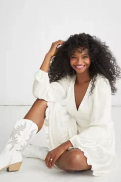 Ruffled Charmeuse V-Neck Long Sleeve Mini Dress -Blissful Brides Shop SDWG1103 1 PDP Crop JAN19 1920x2880