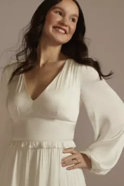 Ruffled Charmeuse V-Neck Long Sleeve Mini Dress -Blissful Brides Shop SDWG1103 SOFTWHITE DBSTU PROD2 V2 069