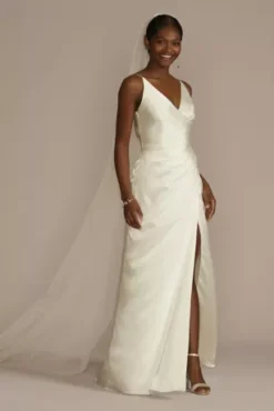 Draped Satin Spaghetti Strap Sheath Wedding Dress