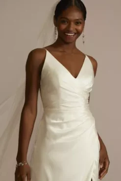 Draped Satin Spaghetti Strap Sheath Wedding Dress -Blissful Brides Shop SDWG1117 IVORY DBSTU PROD10 1695