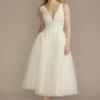 Tea-Length Plunging Neckline Lace Wedding Dress -Blissful Brides Shop SDWG1134 SOFTWHITE DBSTU PROD2 38