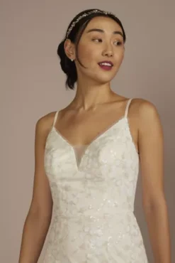 Sequin Floral A-Line Spaghetti Strap Wedding Dress -Blissful Brides Shop SDWG1173 SOFTWHITE DBSTU PROD3 085