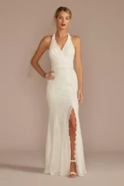 Allover Lace Halter Neck Sheath Wedding Dress