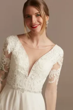 Applique Illusion Chiffon Plus Size Wedding Dress -Blissful Brides Shop SLLBSWG842 IVORY SIG PROD2 V2 266