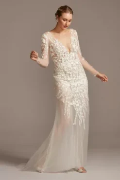 Embroidered Floral Illusion Bodysuit Wedding Dress 16 Embroidered Floral Illusion Bodysuit Wedding Dress -Blissful Brides Shop SWG851 IVYWMBEIGE SIG PROD9 126