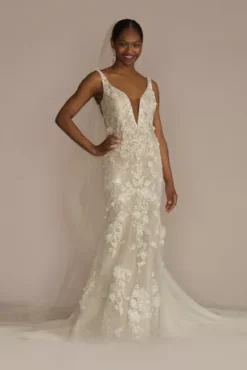 Beaded Lace 3D Floral Plunge Tulle Wedding Dress