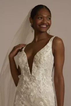 Beaded Lace 3D Floral Plunge Tulle Wedding Dress -Blissful Brides Shop SWG897 IVYBSQCO SIG PROD6 055