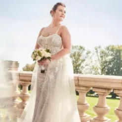 Lace Sheath Wedding Gown With Overskirt -Blissful Brides Shop SWG916 IVYBISQUE SIG SPRING 22 0112