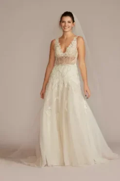 Drop Waist Beaded Applique Wedding Gown