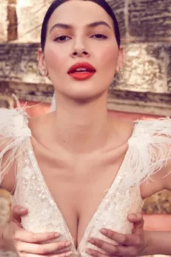 Floral Sequin Feathered Wedding Dress -Blissful Brides Shop SWG938 2 PDP Crop JUNE21 1920x2880