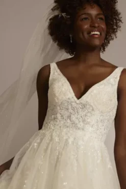 Floral Sequin Feathered Wedding Dress -Blissful Brides Shop SWG938 IVYSTONE SIG PROD4 179