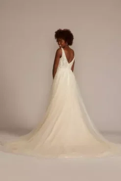 Floral Sequin Feathered Wedding Dress -Blissful Brides Shop SWG938 IVYSTONE SIG PROD4 210