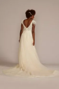 Floral Sequin Feathered Wedding Dress -Blissful Brides Shop SWG938 IVYSTONE SIG PROD4 307