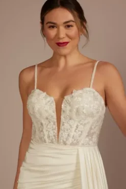 Beaded Corset Bodice Sheath Draped Wedding Dress -Blissful Brides Shop SWG950 IVORY SIG PROD3 088