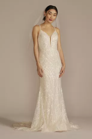 Strappy Back V-Neck Beaded Sheath Wedding Dress 3 Strappy Back V-Neck Beaded Sheath Wedding Dress