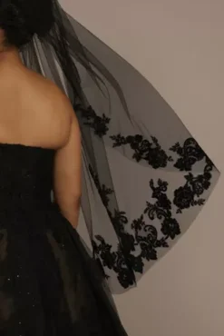 Lace-Trimmed Black Tulle Mid-Length Veil -Blissful Brides Shop V10005 BLACK VLS PROD7 1924